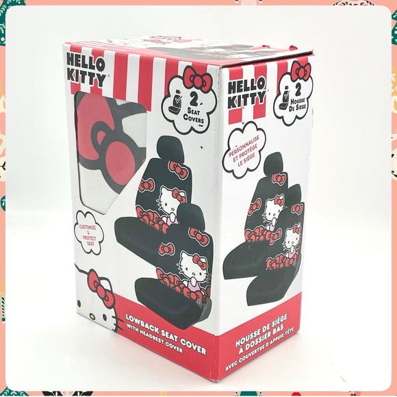 New HELLO KITTY w BOWS Set of 2 Lowback Car SEAT COVERS w Vehicle Headrest Cover - Picture 4 of 10